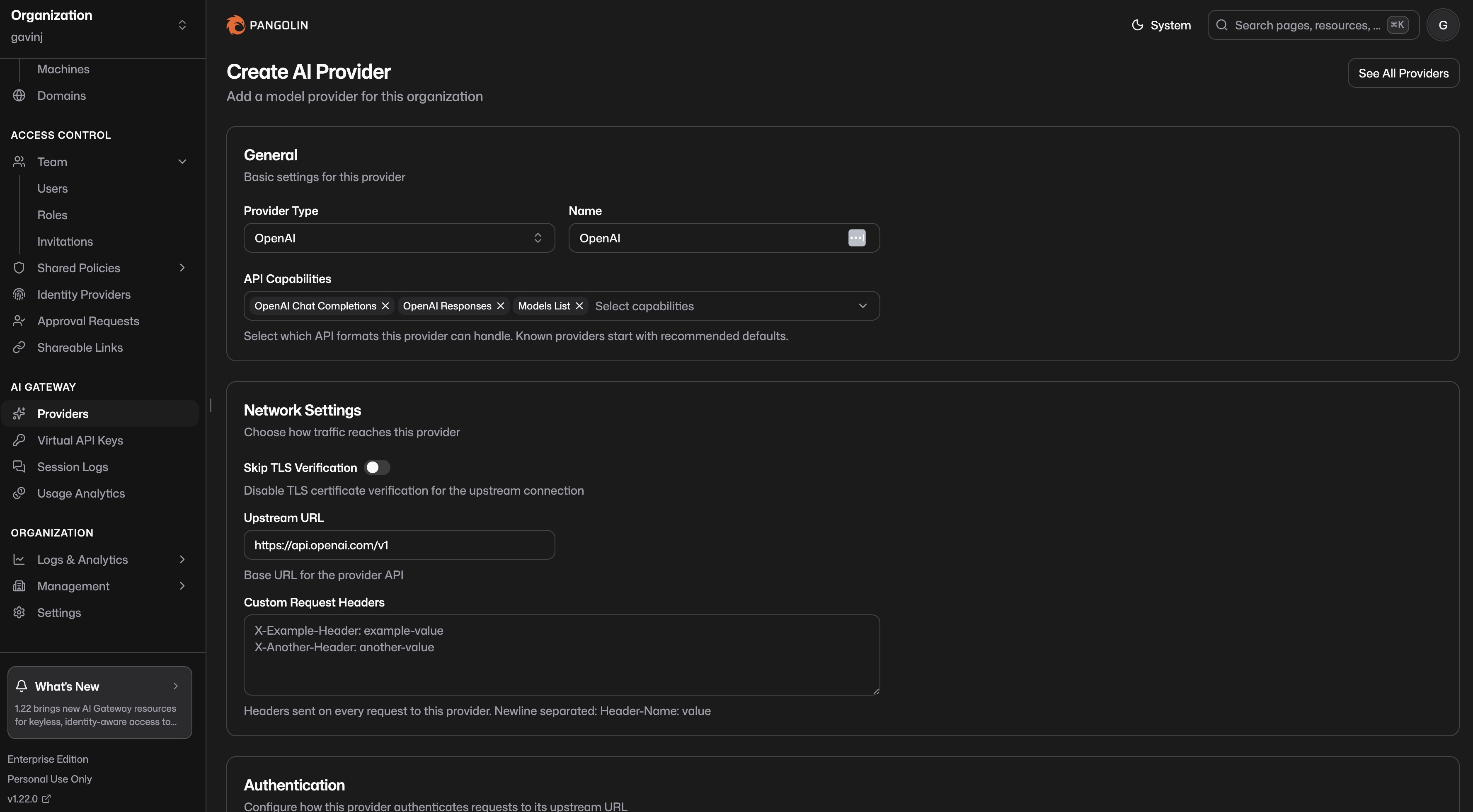 The AI Gateway provider creation form in Pangolin 1.22, defaulting to OpenAI - no Kimi or DeepSeek in the type list